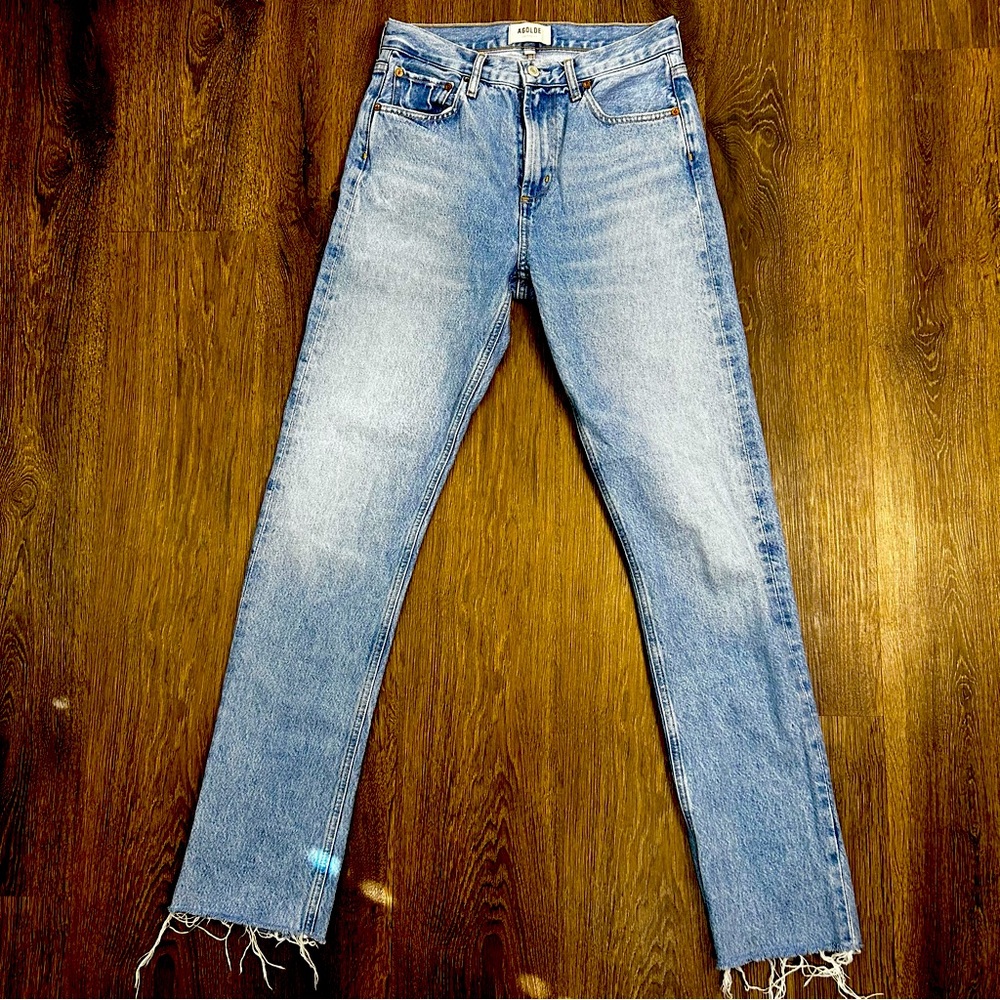 Agolde Women’s High Rise Medium Wash Blue Jeans‎ Raw Hem Straight Leg Size 25